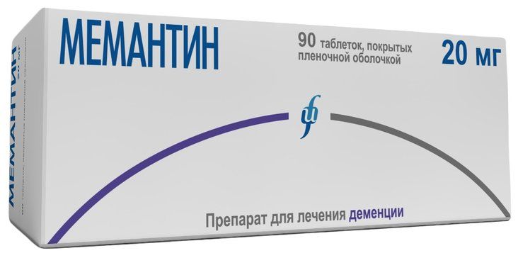 Мемантин, 20 мг, таблетки, покрытые пленочной оболочкой, 90 шт.
