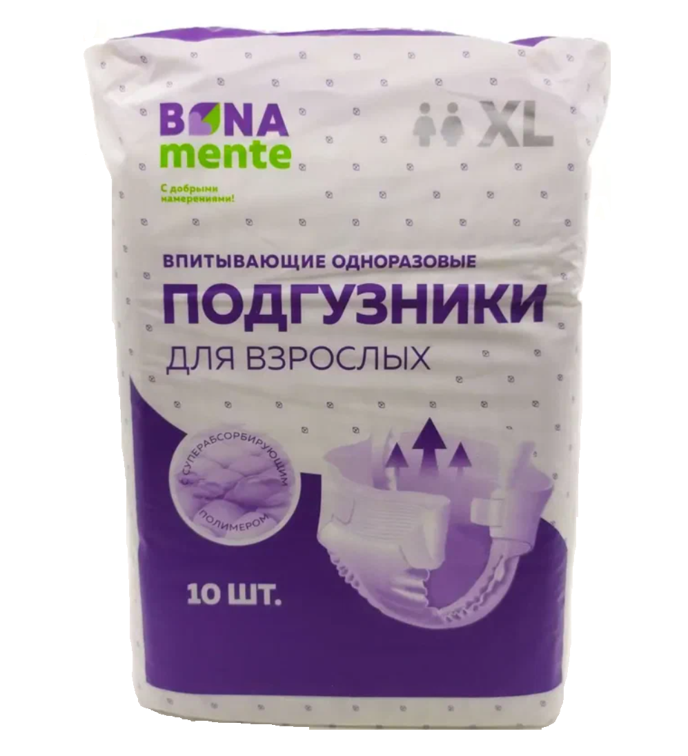 фото упаковки Bona Mente Подгузники для взрослых, XL, 10 шт. фото упаковки Bona Mente Подгузники для взрослых