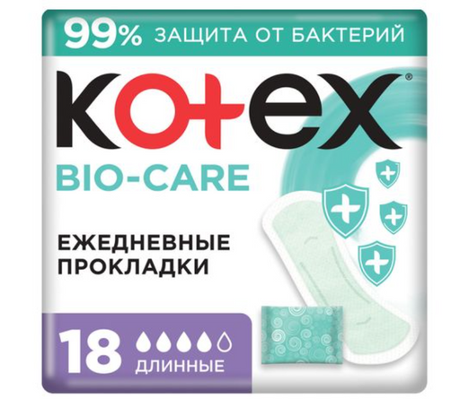 Kotex Antibacterial Bio Care Прокладки ежедневные, ежедневные прокладки длинные - 17,5 см, экстра тонкие, 18 шт.