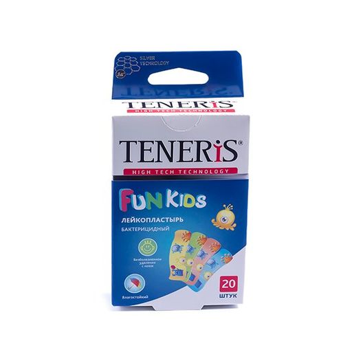 Teneris Fun Kids Пластырь бактерицидный с рисунками, 5,6см х 1,9см, на полимерной основе с ионами серебра, 20 шт.