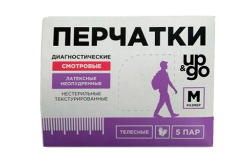 Перчатки диагностические смотровые латексные UP&GO, M, перчатки неопудренные, пара, 5 шт.