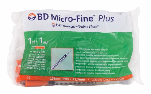 BD Микро-Файн Плюс Шприц инсулиновый 100МЕ/1мл, 1 мл, с интегрированной иглой 29G 0.33х12,7 мм, 10 шт.
